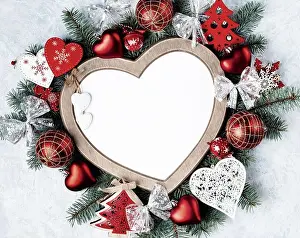 Fir Tree Prints: Christmas card, heart-shaped frame, with Christmas decorations
