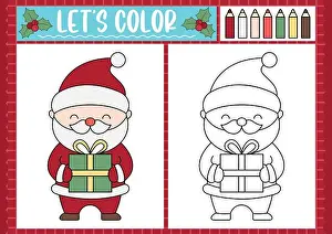 Quiz Prints: Christmas coloring page for children with cute kawaii Santa Claus