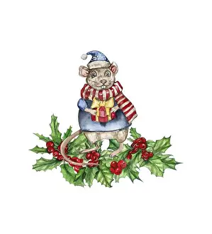 Funny Animal Prints: Christmas composition with mice in cartoon style