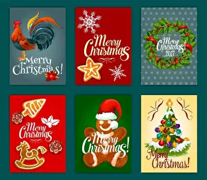 Christmas Day festive poster and card set with xmas tree decorated with bauble