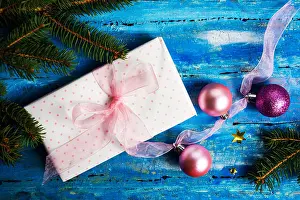 Christmas Decoration Prints: Christmas decorations with fir tree and copy space background