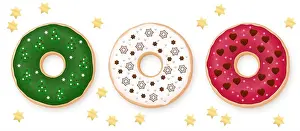 Christmas donuts set. Green, white and red donut decorated with sweet festive fondant - chocolate, marzipan and sugar stars, fir trees, snowflakes