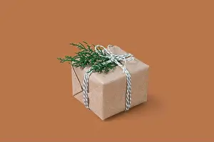 Noel Prints: Christmas gift box on beige background