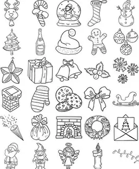 Fireplace Prints: Christmas Hand Drawn Doodle Line Art Outline Set Containing angel