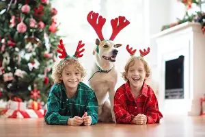 Antlers Prints: Christmas at home. Kids and dog in reindeer antlers under Xmas tree