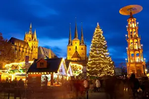Christmas Market Prints: Christmas Market with Saint Marien Cathedral and Saint Severus Church in the Background