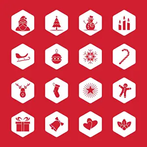 Reindeer Prints: Christmas and new year icon set illustration - white hexagon