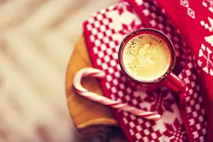 Against White Background Prints: Christmas red and white background with mug of coffee and candy cane