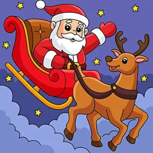 Reindeer Prints: Christmas Santa Sleigh a Reindeer Cartoon Colored