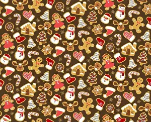 Gingerbread Prints: Christmas seamless pattern with gingerbread cookies isolated on dark brown background