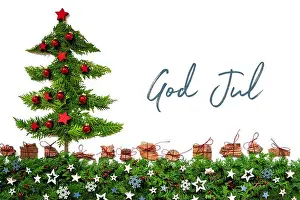 Pine Tree Prints: Christmas Tree, Red Balls, Fir Branch, God Jul Means Merry Christmas