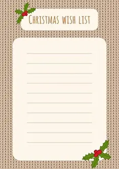 Woolen Prints: Christmas wish list design template over a knitted background with holly decorations