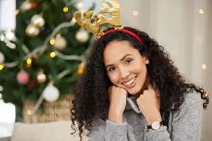 Headband Prints: Christmas, woman and happy portrait in home