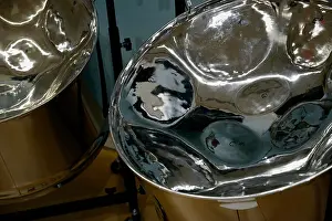 Trinidad Prints: Chromed musical steel drums made from recycled oil drums