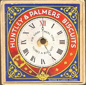 Clock Face Prints: Chromolithographed advertising give away for Huntley & Palmers Biscuits circa 1895 showing a clock face with moveable