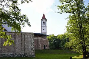 Building Stone Prints: Church clock tower and stone wall in park Cakovec Croatia