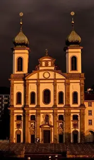Lucerne Prints: Church (Jesuitenkirche) with Sunlight and Storm Clouds in Lucerne, Switzerland