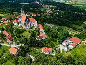 Church of The Mother of God in Ptujska Gora, Slovenia on Hill Top. Aerial Drone View