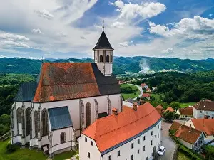 Church of The Mother of God in Ptujska Gora, Slovenia on Hill Top. Aerial Drone View
