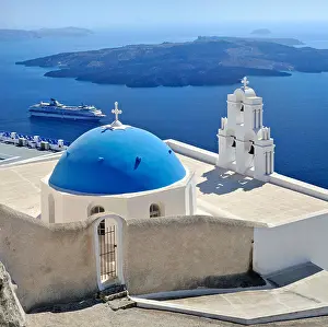 Cyclades Prints: Church near Firostefani, Chapel with a blue domed roof