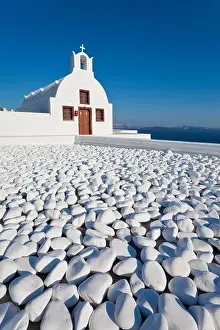 Santorini Prints: Church overlooking Aegean Sea in the village of Oia