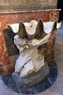 Eglise Prints: Church of Saint-Sulpice Benitier de droite by Jean-Baptiste Pigalle - A holy-water basin made from a giant clam shell