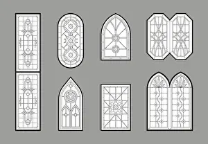 Tracery Prints: Church windows. Gothic architectural glasses with geometrical decoration medieval ornamental style catholic mosaic