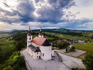 Church in Zuzemberk ( Seisenberk ) in Slovenia of Saint Mohorja in Fortunata. Drone View
