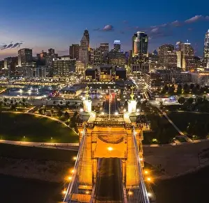 Skyline Cincinnati Prints: Cincinnati downtown aerial view at evening twilight, Ohio, USA skyline