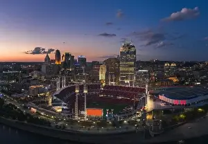 Cincinnati downtown aerial view at evening twilight, Ohio, USA skyline