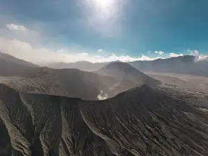 Cinematic shot aerial view of Mount Bromo crater edge in East Java