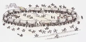 Native Americans Prints: Circle of covered wagons belonging to American settlers, coming under from native American