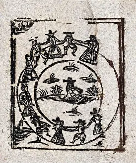 Supernatural Prints: A circle of witches dance around a central figure. Woodcut, ca. 1700-1720