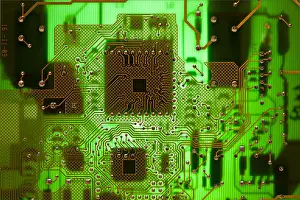 Solder Prints: Circuit board or pcb in green light like the Matrix film