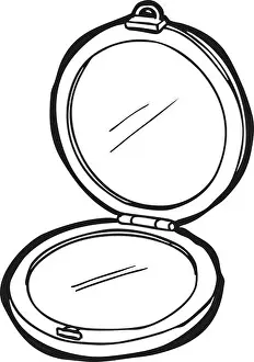 Lipstick Prints: Circular cosmetic compact opened to show reflective mirror and clasp, drawn in clean lines