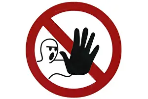 Prohibited Prints: A circular no entry sign showing a black hand shape over a red circle with a diagonal line