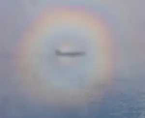 Halo Prints: Circular rainbow. Halo seen from an aircraft with the aircrafts shadow in the centre