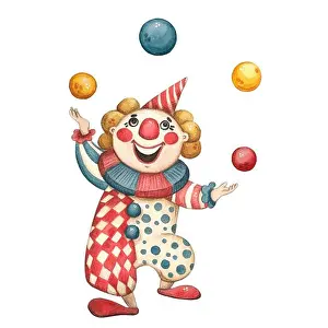 Clown Prints: Circus clown juggles balls watercolor illustration