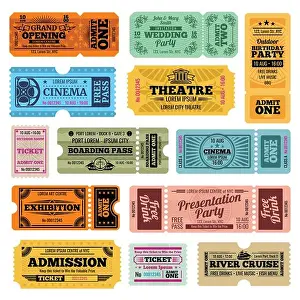 Admission Prints: Circus, party and cinema vector vintage admission tickets templates
