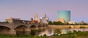 Riverfront Prints: City of Indianapolis. Panoramic image of Indianapolis skyline at sunset