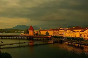 Lucerne Prints: City of Lucerne with Chapel Bridge in a Sunny Day with Overcast Clouds in Switzerland