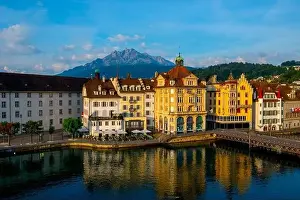 Lucerne Prints: City of Lucerne with River and Building and Mountain Pilatus in a Sunny Day in Switzerland