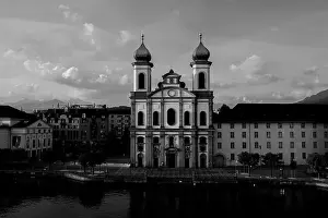 City of Lucerne with River and Church Jesuitenkirche in a Sunny Day in Switzerland
