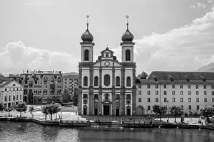 Lucerne Prints: City of Lucerne with River and Church Jesuitenkirche in a Sunny Day in Switzerland