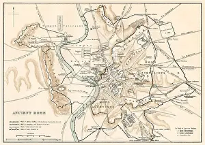 Ancient Roman Prints: City plan of ancient Rome. Color lithograph