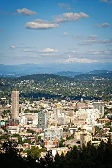 Portland Prints: City of Portland Oregon in the afternoon, view from above, Mount Hood in the distance
