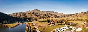 City of Powers, Oregon USA. Aerial image of county park and pond