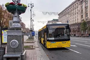 Trolley Prints: city transport trolley bus at the Kiev passenger stop Ukraine, Kiev 20.10.2018