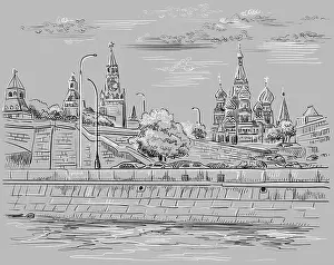 Embankment Prints: Cityscape of embankment of Kremlin towers and bridge across Moscow river (Red Square)