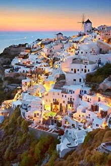 Images Dated 16th June 2011: Cityscape sunset view of Oia Town, Santorini Island, Cyclades, Greece